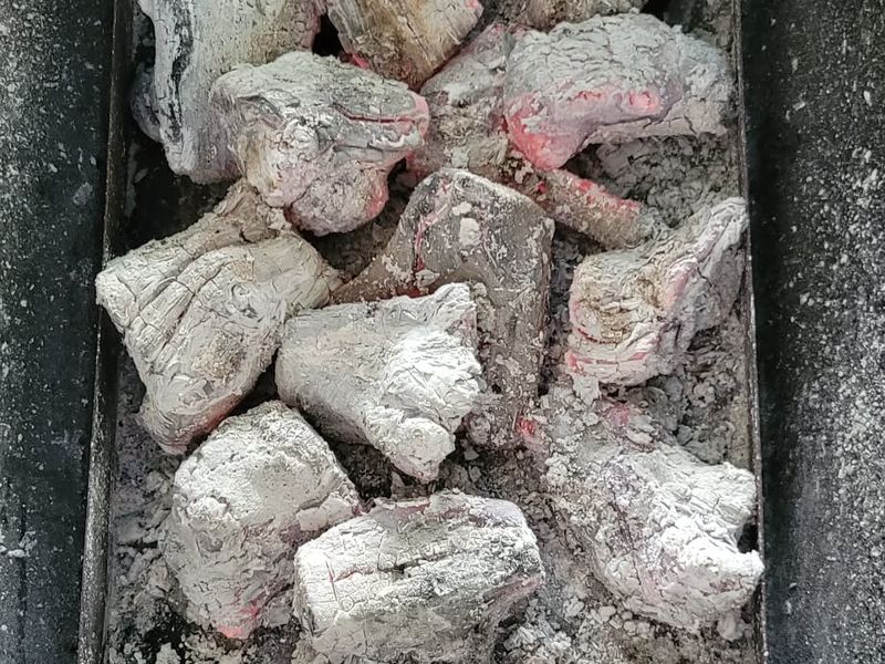 Coffee wood binchotan burning down under a coat of white ash