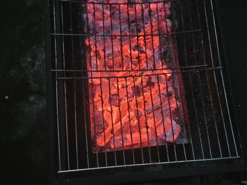 Bed of glowing mangrove charcoal embers under a grill grate